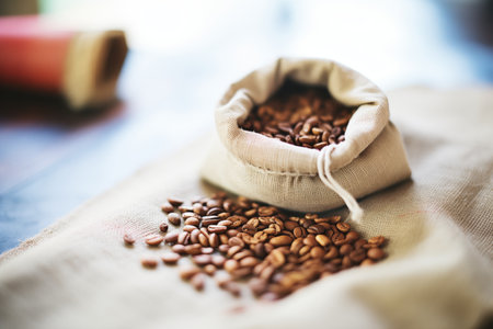 ethically sourced, organic fair-trade coffee beans in a canvas sackの素材