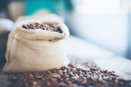 ethically sourced, organic fair-trade coffee beans in a canvas sackの素材