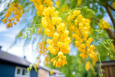 bright yellow flowers on a laburnum treeの素材