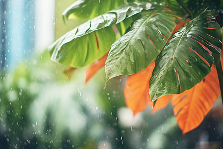 rain pouring on leaves, representing a tropical hardiness zoneの素材
