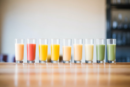 a lineup of multicolored juices in tall glassesの素材