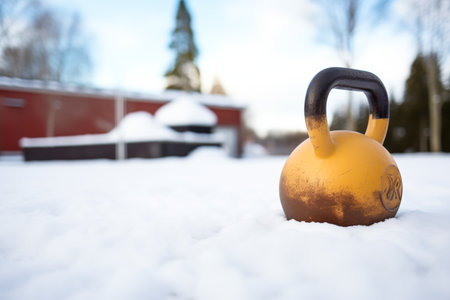 kettlebell amongst snow outdoors showcasing winter workoutの素材