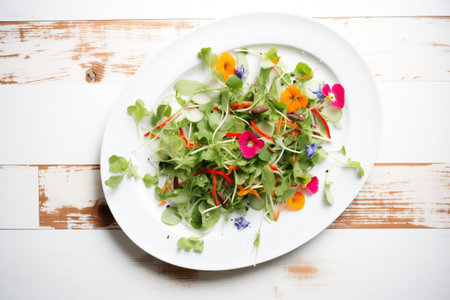 spring mix salad greens scattered across a white plateの素材