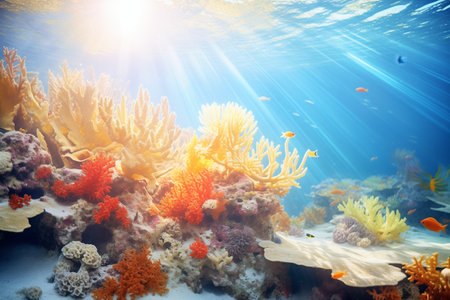 underwater sunbeam illuminating vibrant coral reefの素材