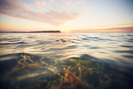 the surface of a calm sea lit by the setting sunの素材