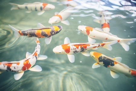 koi fish swimming in a crystal-clear pondの素材