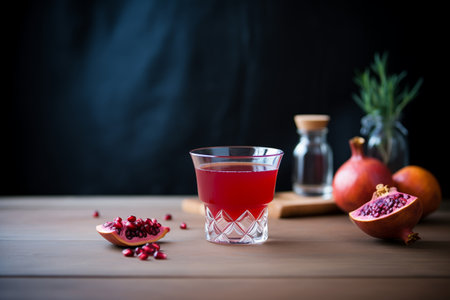 pomegranate juice in a glass surrounded by pomegranate halvesの素材
