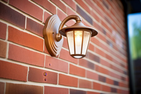 decorative outdoor light fixture on red brick wallの素材