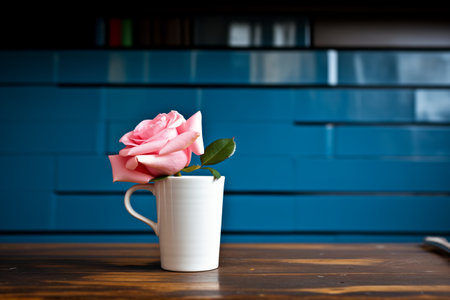 closeup of a white cup beside a pink rose on a dark wooden surfaceの素材