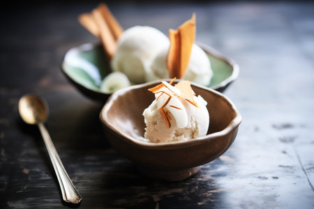 vegan ice cream scoops in a bowl of coconut shellの素材