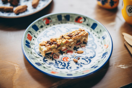 nuts-free granola bar on a ceramic plateの素材