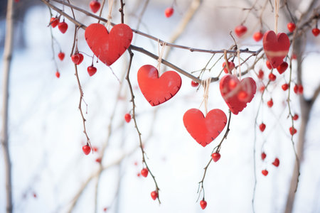 red heart garland on winter branchesの素材