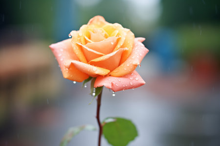 a vibrant orange rose catching the raindropsの素材