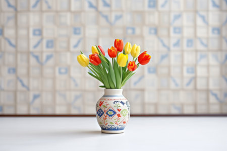 a porcelain vase with fresh tulips on a marble tableの素材