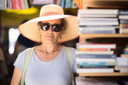 woman wearing sunglasses and a sunhat browsing a book stallの素材