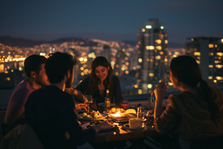 friends having a rooftop dinner, city lights belowの素材