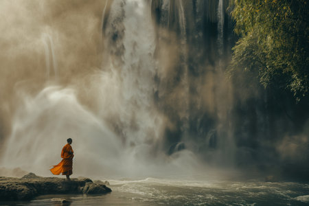 monk beside a waterfall with mist rising from the waterの素材