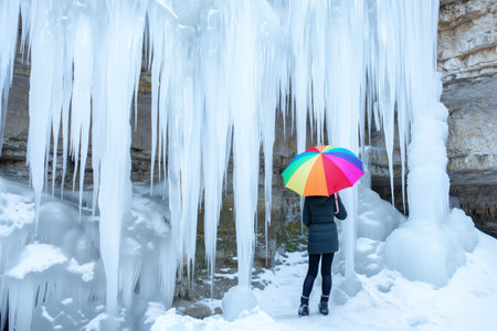 person with colorful umbrella under melting iciclesの素材