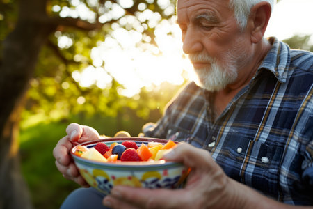 senior man enjoying a bowl of mixed fruits outdoorsの素材