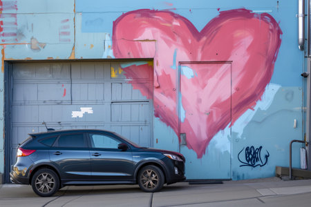 car parked in front of a garage door with a freshly painted heart muralの素材