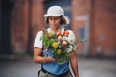 floral arranger incorporating urban debris in a bouquetの素材