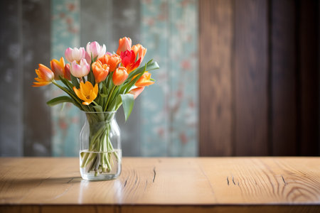 tulip bouquet arrangement on wooden tableの素材