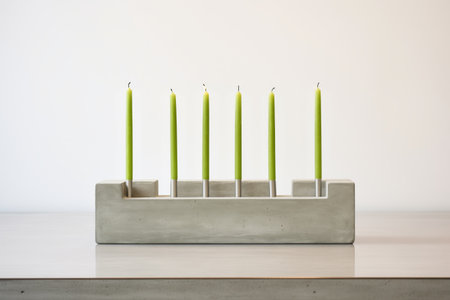 green taper candles in a modern concrete holderの素材