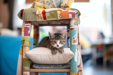 kitten nestled in a cat condo with multiple cushionsの素材