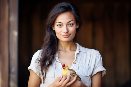 portrait of a person with a baby chick perched on their hand against a rustic barnの素材