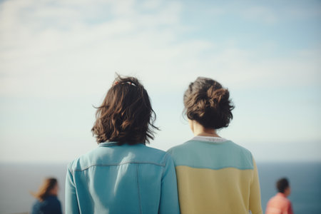 horizon gaze, friends shoulder to shoulder, endless sea viewの素材