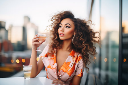 glam woman with a cocktail on a rooftop bar with city viewsの素材