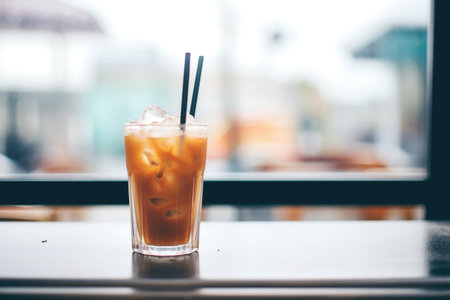 closeup of iced chai latte with condensation on glass exteriorの素材