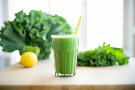 kale leaves next to a green detox juice in a glassの素材