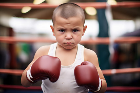 kid in boxing stance wearing gloves, ready to spar in a ringの素材