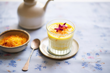 vibrant shot of rice pudding drink with a dash of saffron threadsの素材