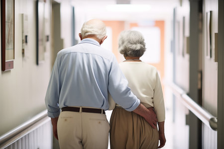 elderly couple with backs to camera, walking slowly down a hospital corridorの素材