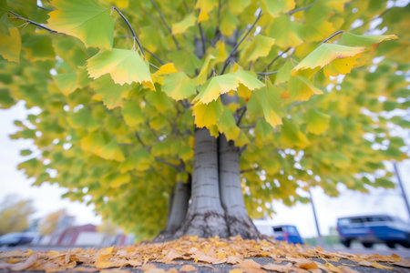 colorful ginkgo leaves around the base of a treeの素材