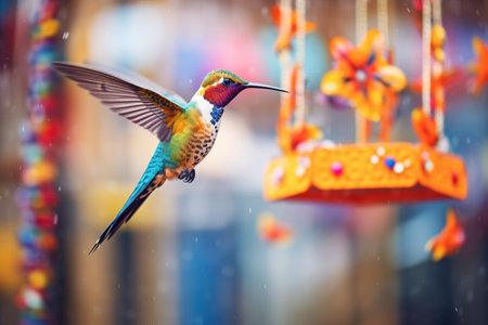 a hummingbird hovering near a colorful feederの素材