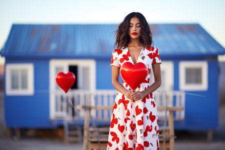 woman in a heart print dress holding red balloons outdoorsの素材