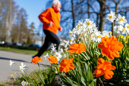 senior jogger passing by blooming flowers on a spring day runの素材