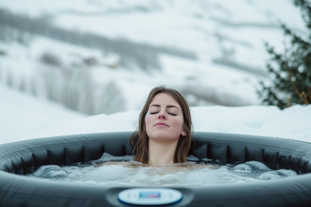 woman with closed eyes soaking in outdoor hot tub amidst snowy landscapeの素材