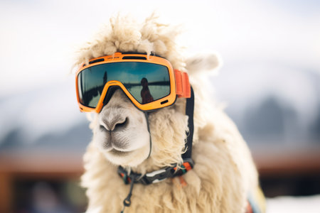 sheep with ski goggles on ski slopeの素材