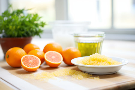 citrus fruit next to a dish of homemade citrus scrubの素材