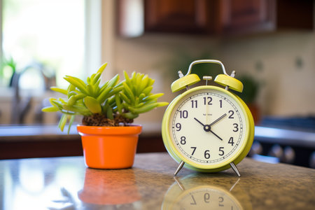 lime green, circular desk clock on a pot of succulentの素材