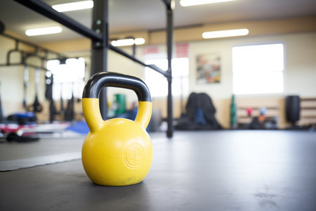 kettlebell on and around sport equipment in a workout spaceの素材