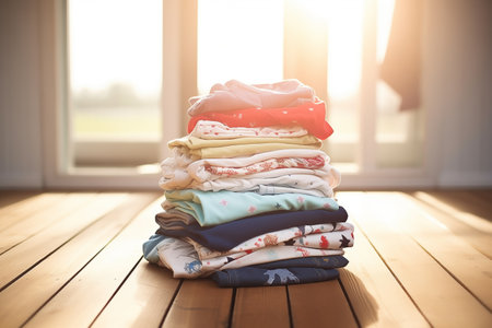 daylight shining on a stack of kids clothes on a wooden floorの素材