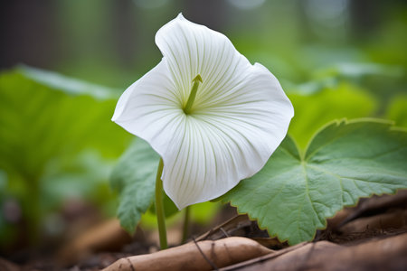 close-up of white trillium flower in a woodland settingの素材