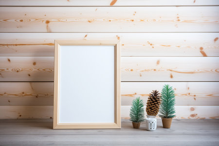 an empty nordic style frame on a pine tableの素材