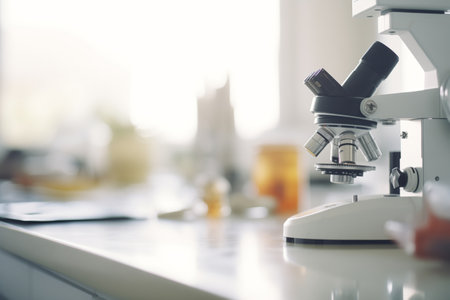 close-up of microscope on the laboratory tableの素材