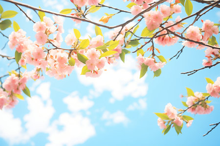 springtime cherry blossoms against a bright skyの素材